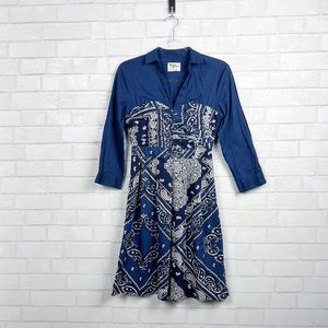 Holding Horses Blue Bandana Print Button Front Flare Western Shirt Dress Size 2
